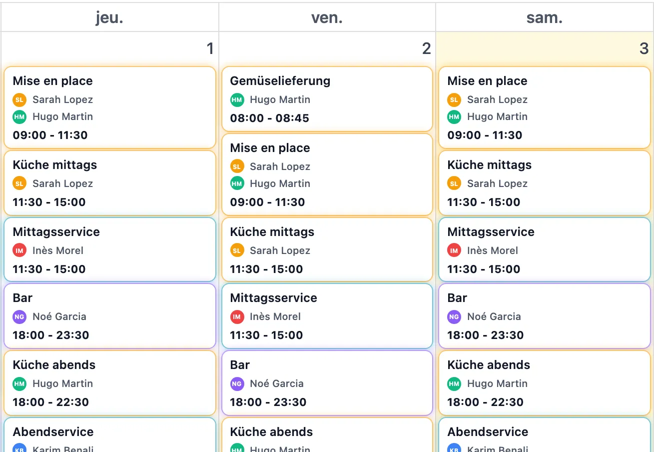 Gemeinsamer Kalender eines Restaurants: Donnerstag, Freitag und Samstag mit den Schichten und den eingeteilten Personen