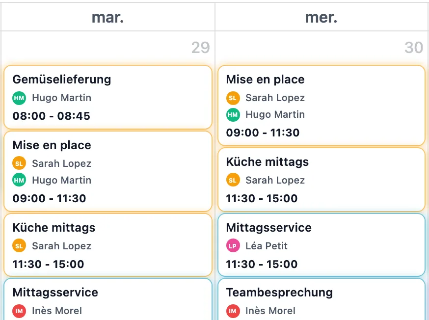 Zwei Tage des gemeinsamen Kalenders: Jede Schicht zeigt Uhrzeit und eingeteilte Personen