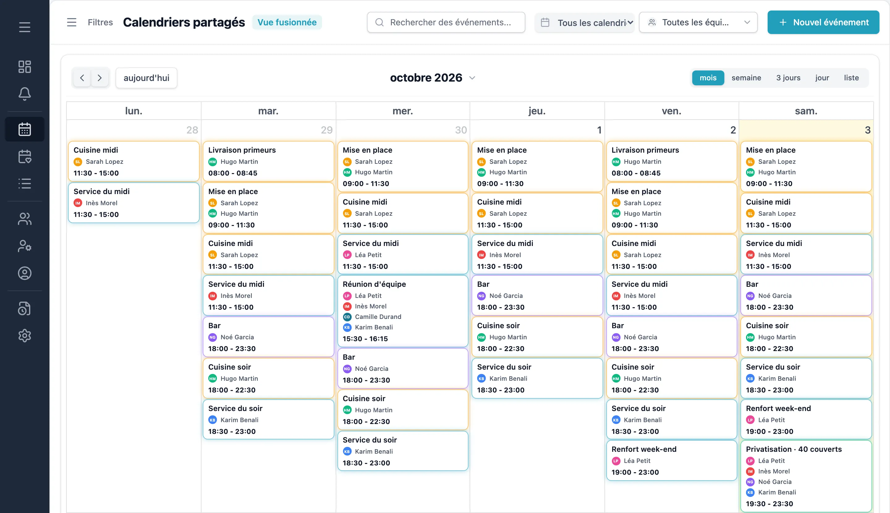 Planning Copilot : exemple de planning partagé, ici celui d'un restaurant de sept personnes