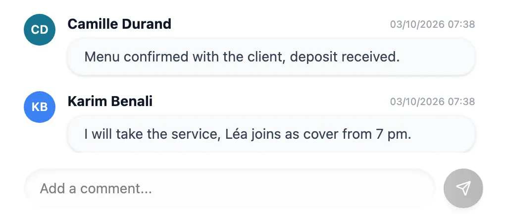 Two comments on the private party event: menu confirmed, cover arranged