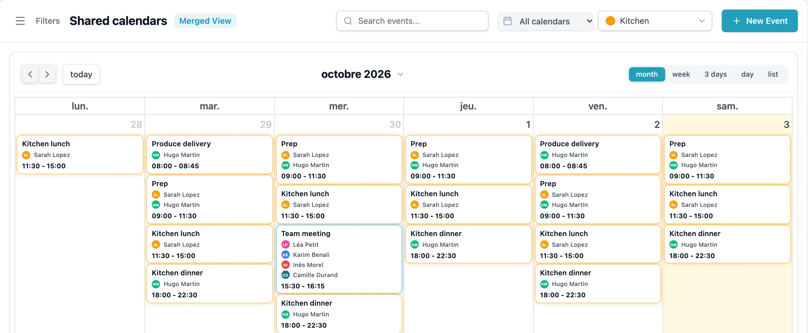 Month calendar filtered on the Kitchen team: only its shifts remain