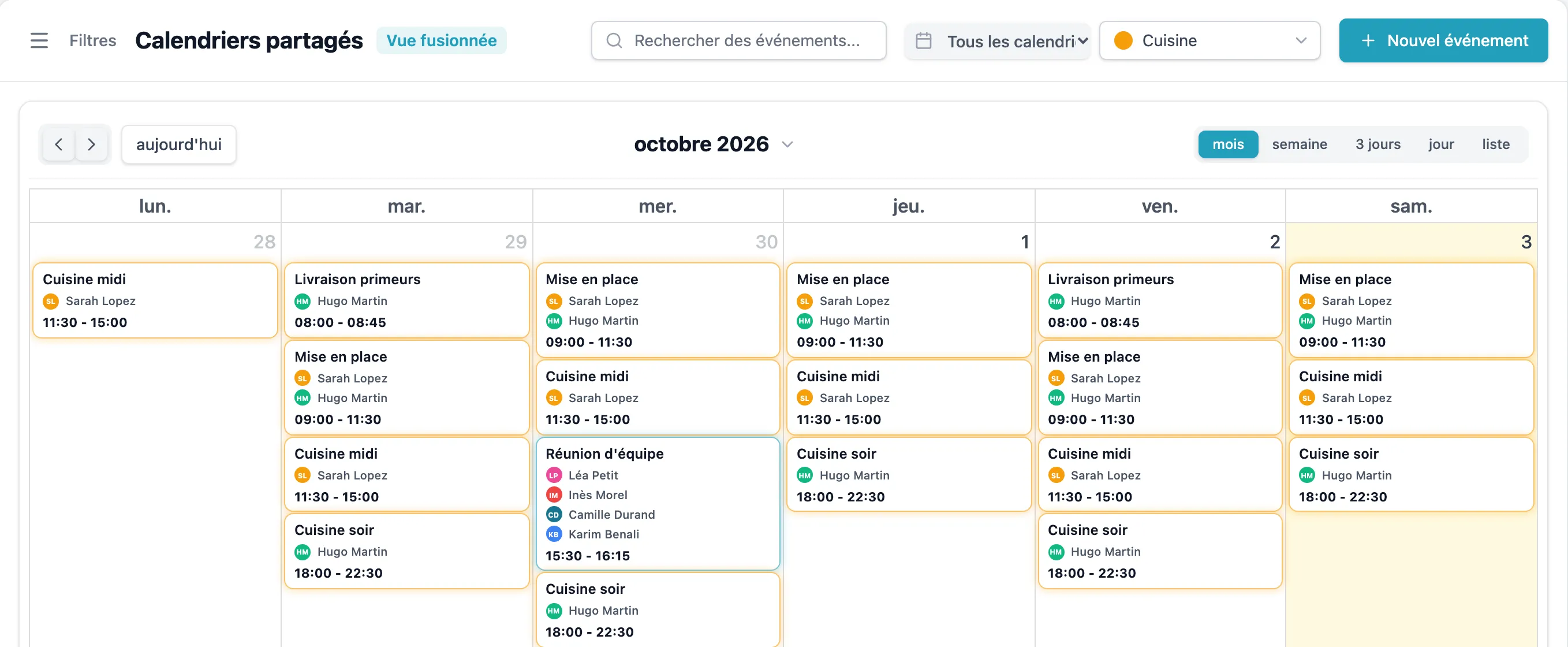 Calendrier du mois filtré sur l'équipe Cuisine : seuls ses créneaux restent affichés