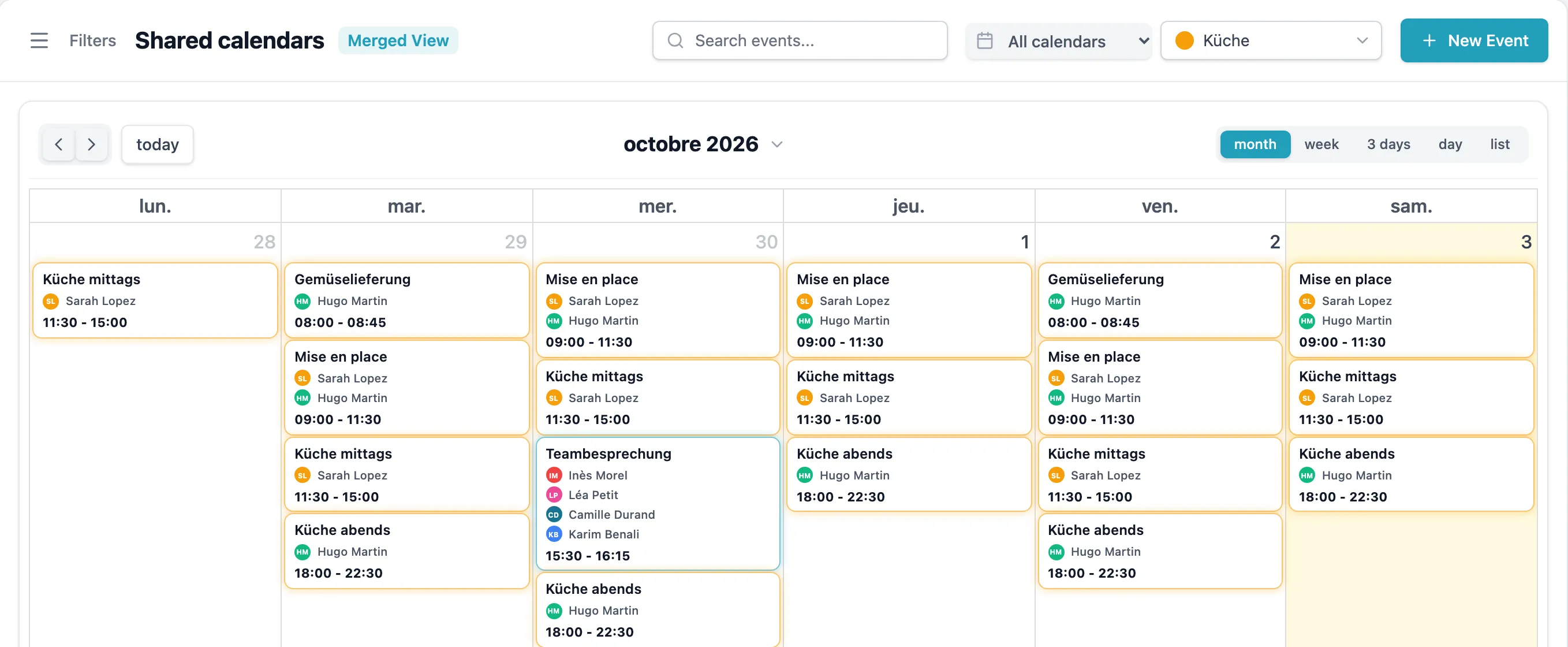 Monatskalender, gefiltert auf das Team Küche: Nur dessen Schichten bleiben sichtbar