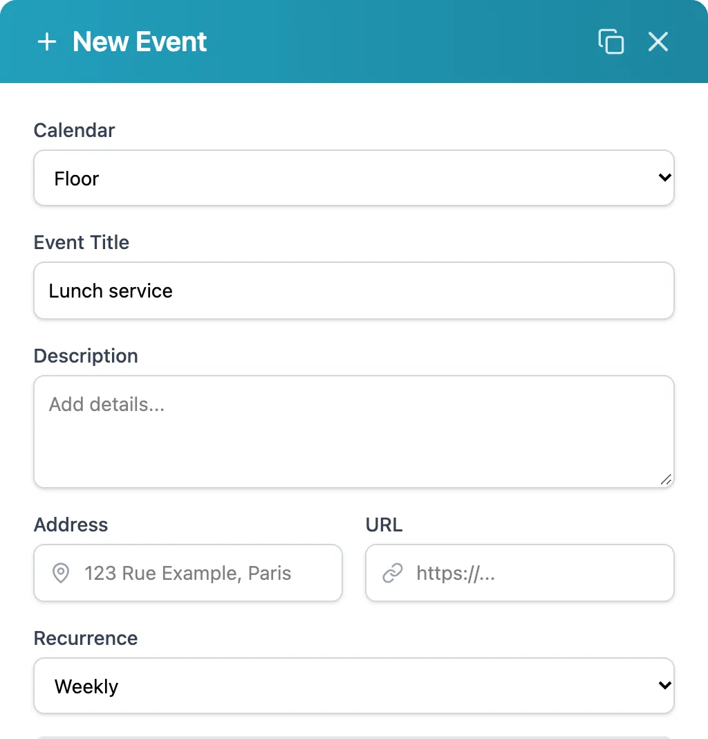 New Event window: Floor calendar, title Lunch service, weekly recurrence