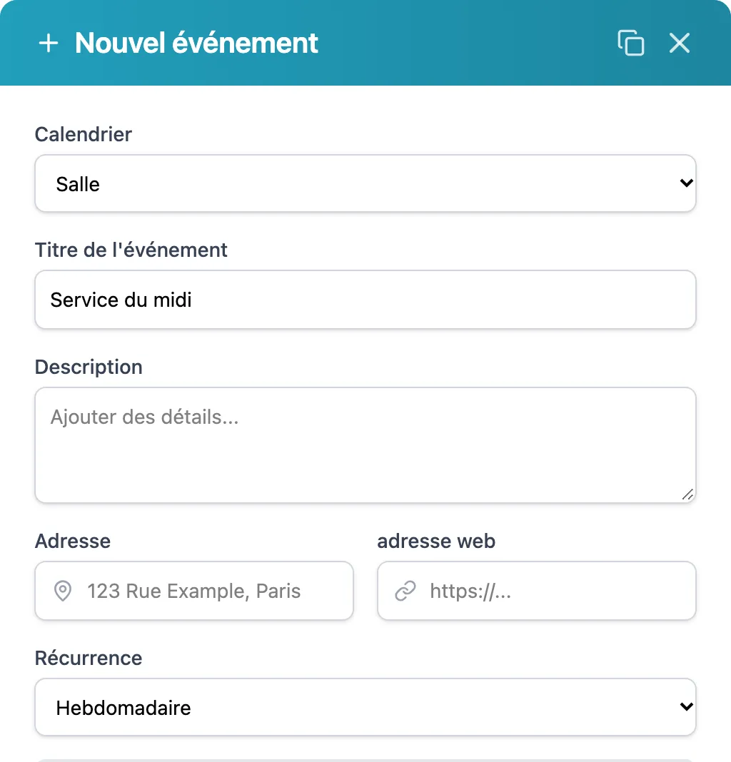 Fenêtre « Nouvel événement » : calendrier Salle, titre Service du midi, récurrence hebdomadaire