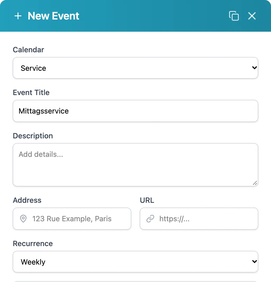 Fenster „New Event“: Kalender Service, Titel Mittagsservice, wöchentliche Wiederholung