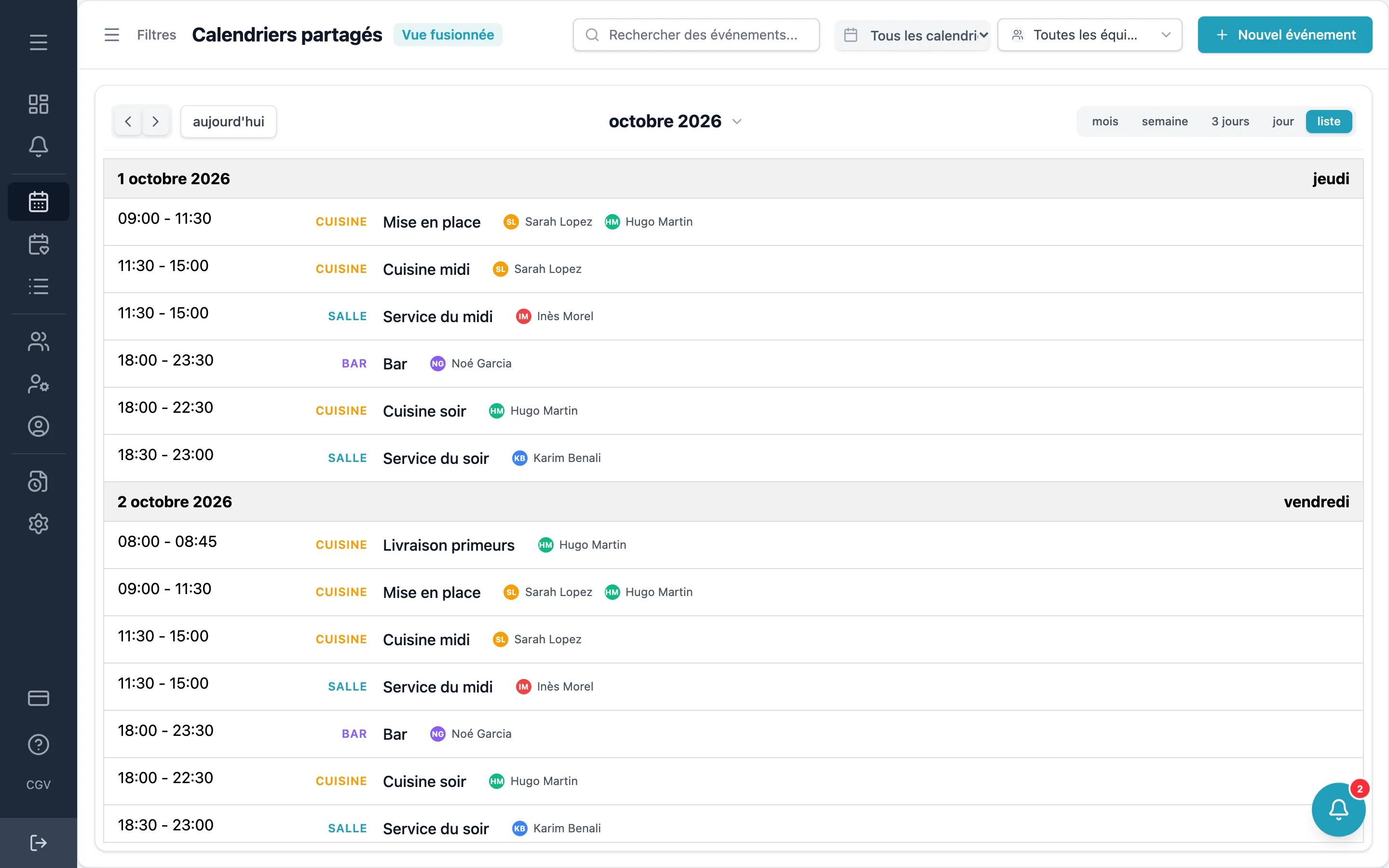 Planning Copilot : exemple de planning partagé, ici celui d'un restaurant de sept personnes