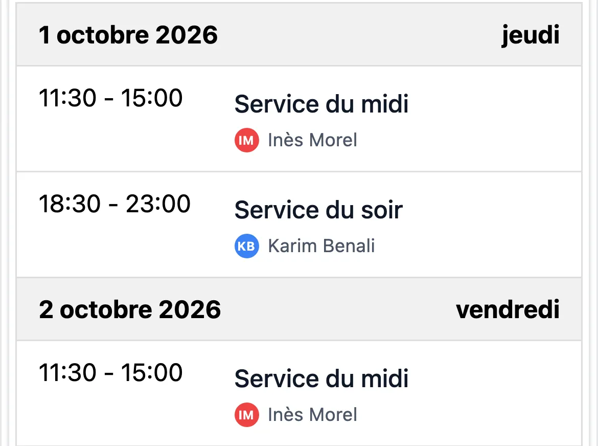 Liste des services du jeudi et du vendredi sur un téléphone