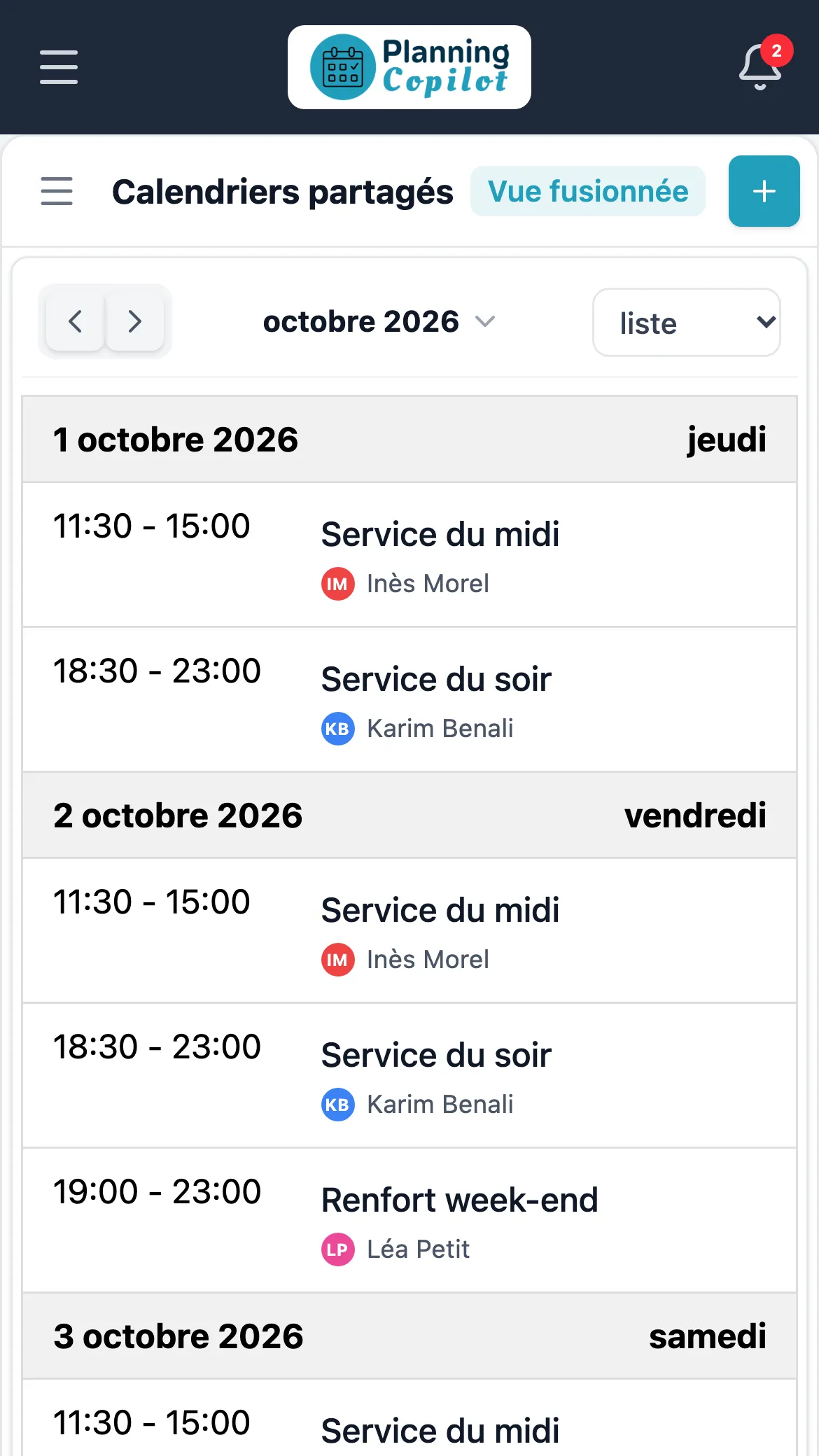 Le même planning sur téléphone : les services de la salle, jour par jour