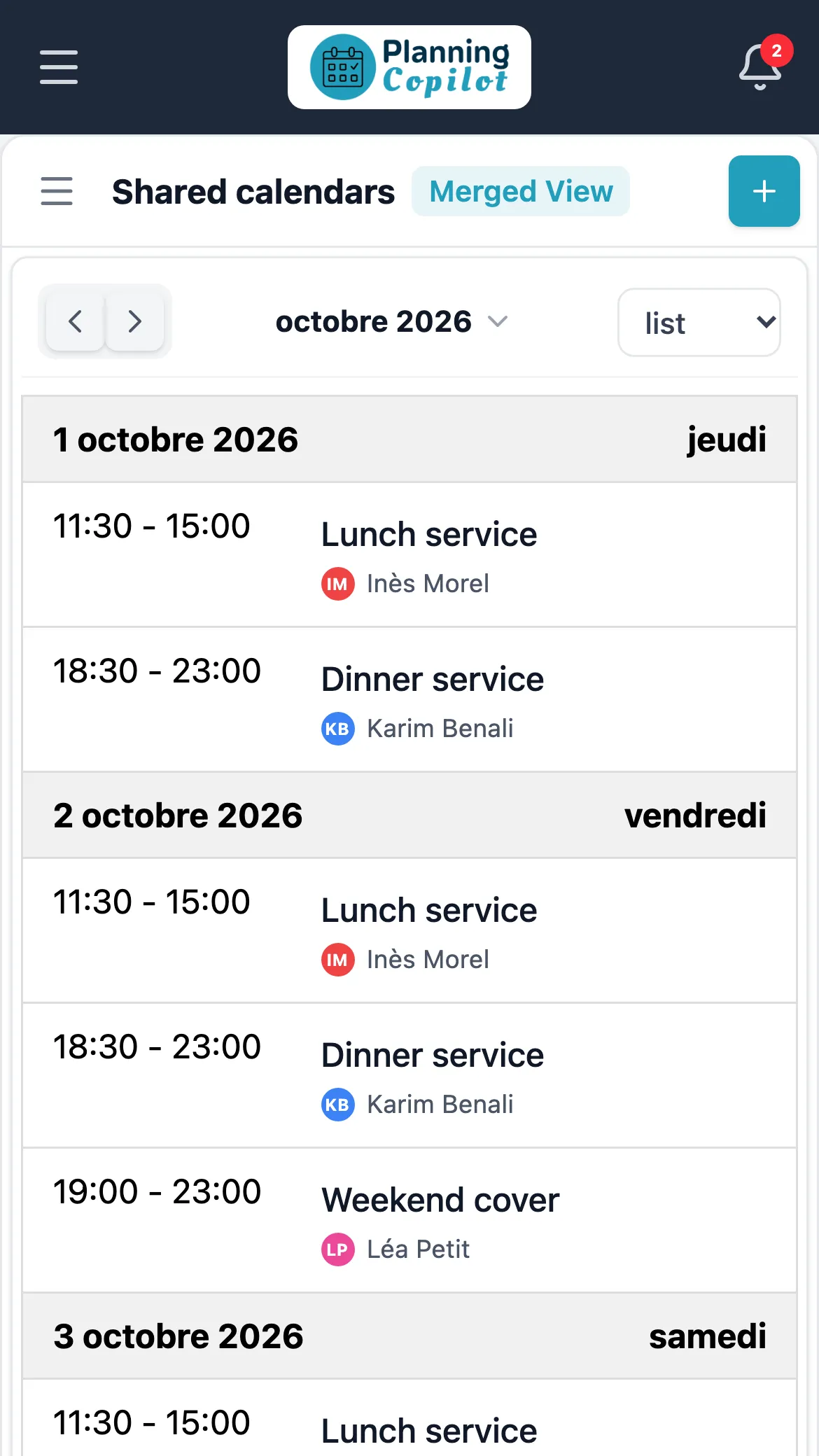 The same schedule on a phone: the floor shifts, day by day